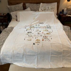 NWT Zara Kids Cream Duvet Cover with Whimsical Market Illustrations